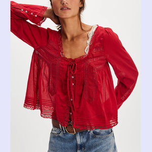 Camicetta a Maniche Lunghe con Bordo in Pizzo 95% Cotone 5% Poliestere per Donna Primavera Estate 2026 Camicia Larga con Lacci Frontali e Bottoni - Product Image 6