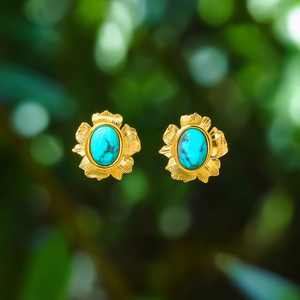 Fashion <b>Stud</b> <b>Earrings</b> PVD Gold Plated 316L Stainless Steel Sustainable Resistant Oval <b>Turquoise</b> Stone Design - Product Image 3