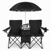 Chaise de camping pliable 2 places Comfort en tube d'acier noir avec compartiment isotherme central et porte-gobelet