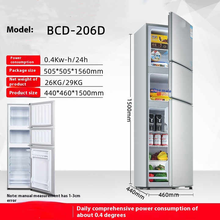Large-capacity three-door mini refrigerator with 136/206/238L capacity and quiet operation.