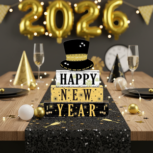 Set di 4 Decorazioni in Legno per Vassoio a Più Livelli, Tema Capodanno 2026, Nero e Oro, per Tavola e Feste - Product Image 3