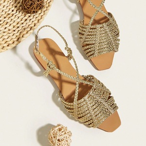 Gold Woven Strappy <b>Heeled</b> Sandals Women <b>Open</b> <b>Toe</b> Backless Slides With Braided Detail For Beach Party Summer Wear - Product Image 1