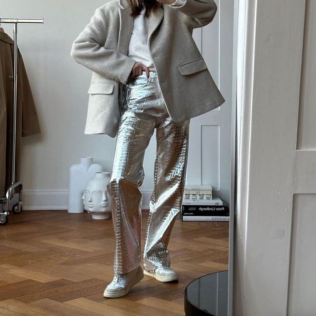 Dropshipping Streetwear Fashion Y2K Punk Futuristic Clothing Rave Music Festivals Bright Silver Color PU High Waist Pants Women