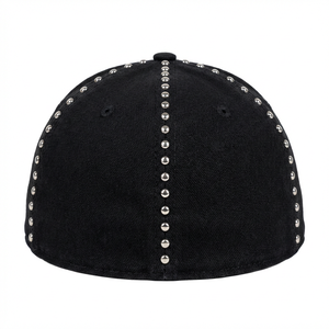 Cappello Fitted Heavy Metal Hip Hop in Tela Nera Intensa con Borchie Cromate e Ricami Metallici Stile Industriale Gotico Streetwear - Product Image 2