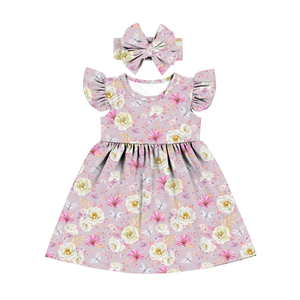 Robe florale marine pas chère pour fille, robe de princesse pour enfants, robe à volants et manches évasées, robe de fête d'été pour jeunes filles - Product Image 3