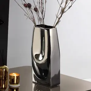 Florero nórdico pintado a mano para interior de la sala de estar, floreros de cerámica de plata para decoración, gran oferta