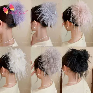 BELLEWORLD High end jumbo fur hair claws party hair decoration soft feather hair claw clips for women