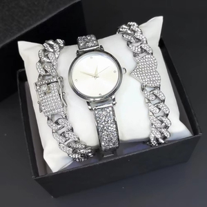 Women <b>Watch</b> and Two Bracelets Set Quartz Alloy Round Dial Rhinestone Inlaid Cuban Link Luxury Style - Product Image 2