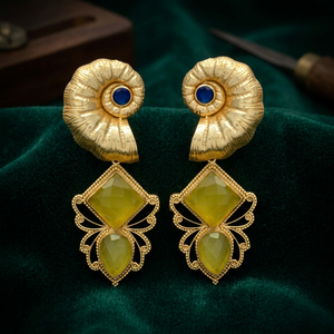 Boucles d'oreilles pendantes ethniques vintage en or, avec pierre précieuse calcédoine bleue Monalisa jaune, pour mariage et fête, vente en gros, mode - Product Image 2
