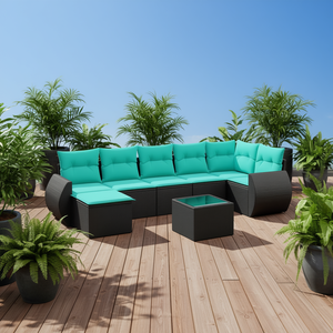 Conjunto de Sofás de Patio de Ratán Sintético Negro Moderno con Cojines, Muebles de Exterior, 8 Piezas, Asientos Seccionales - Product Image 2