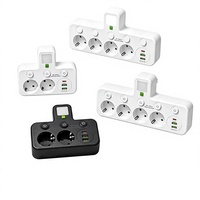Adaptateur secteur multi-prises standard européen avec chargement USB, interrupteurs marche/arrêt individuels, courant nominal 10A, sans câble