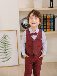 Completo Formale da Gentiluomo per Ragazzi con Motivo a Quadri, Maniche Lunghe, Papillon, Camicia, Pantaloni e Gilet, Set di Abbigliamento per Bambini per Spettacoli, Matrimoni e Banchetti - Product Image 4