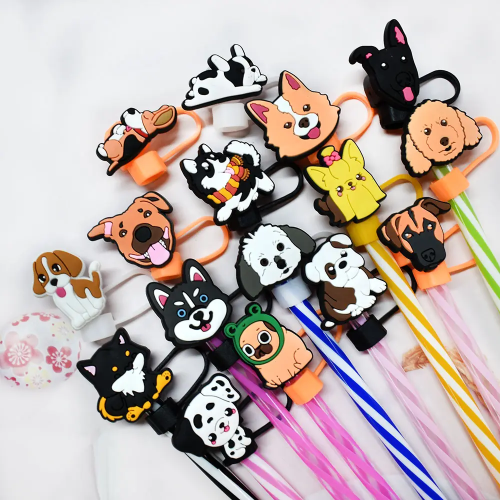 10mm Reusable Wholesale Pvc Cute Animal Pug Straw Topper Straw Tip Covers Funny Dog Straw Topper For Glass Bottle