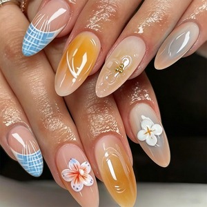 K064 Faux Ongles à Presser Amande <span class=keywords><strong>Pastel</strong></span> Nude Français <span class=keywords><strong>Rose</strong></span> Orange <span class=keywords><strong>Bleu</strong></span> 24 Pièces Réutilisables Couverture Complète Faux Ongles Faits Main - Product Image 1