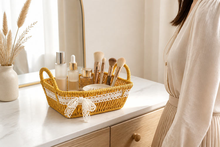 Handwoven Paper Cord Basket with Two Handles, Desktop Vanity Storage ...