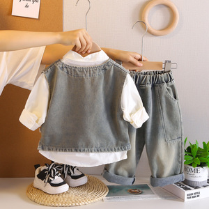 2025 Mới Chàng Trai Mùa Thu Trang Phục Thiết Lập Thời Trang Giản Dị Rắn Mô Hình Ba-Mảnh Denim Thiết Lập Áo Sơ Mi + Vest + Quần - Product Image 4
