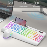 Clavier et souris ergonomiques sans fil silencieux rechargeables, combo 2.4G, rétroéclairage RGB, boutons multimédias, support pour tablette et téléphone, 1600 DPI USB