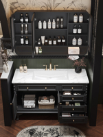 Ensemble de meubles de salle de bain en bois de caoutchouc et céramique de style vintage américain, sur pied, avec lavabo en dalle de roche intégré sans joint, intelligent