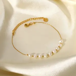 Gelang Baja Tahan Karat Mutiara Air Tawar Alami, Perhiasan Gelang Hadiah Wanita Lapis Emas PVD 18K untuk Wanita