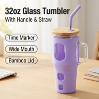 Gobelet en verre borosilicate de haute qualité sans BPA de 32 oz avec poignée, couvercle en bambou, large ouverture, marqueur de temps portable et manchon en silicone