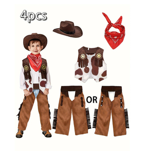 Conjunto <span class=keywords><strong>de</strong></span> 4 Piezas <span class=keywords><strong>de</strong></span> Disfraces <span class=keywords><strong>de</strong></span> Vaquero del Oeste para Niños, Disfraz para Halloween, Cumpleaños, Navidad (Sombrero + Chaleco + Pantalones + Pañuelo para la Cabeza) - Product Image 1