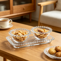 Ensemble de 3 bols à dessert en verre côtelé transparent avec assiette de service, ensemble de bols texturés pour crème glacée et fruits, pour bonbons, collations, petit-déjeuner, café
