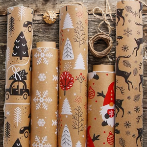 Rouleau de papier kraft de Noël personnalisé avec des arbres, des flocons de neige, des rennes, des gnomes, des voitures, 100 g/m², papier d'emballage cadeau recyclable - Product Image 2