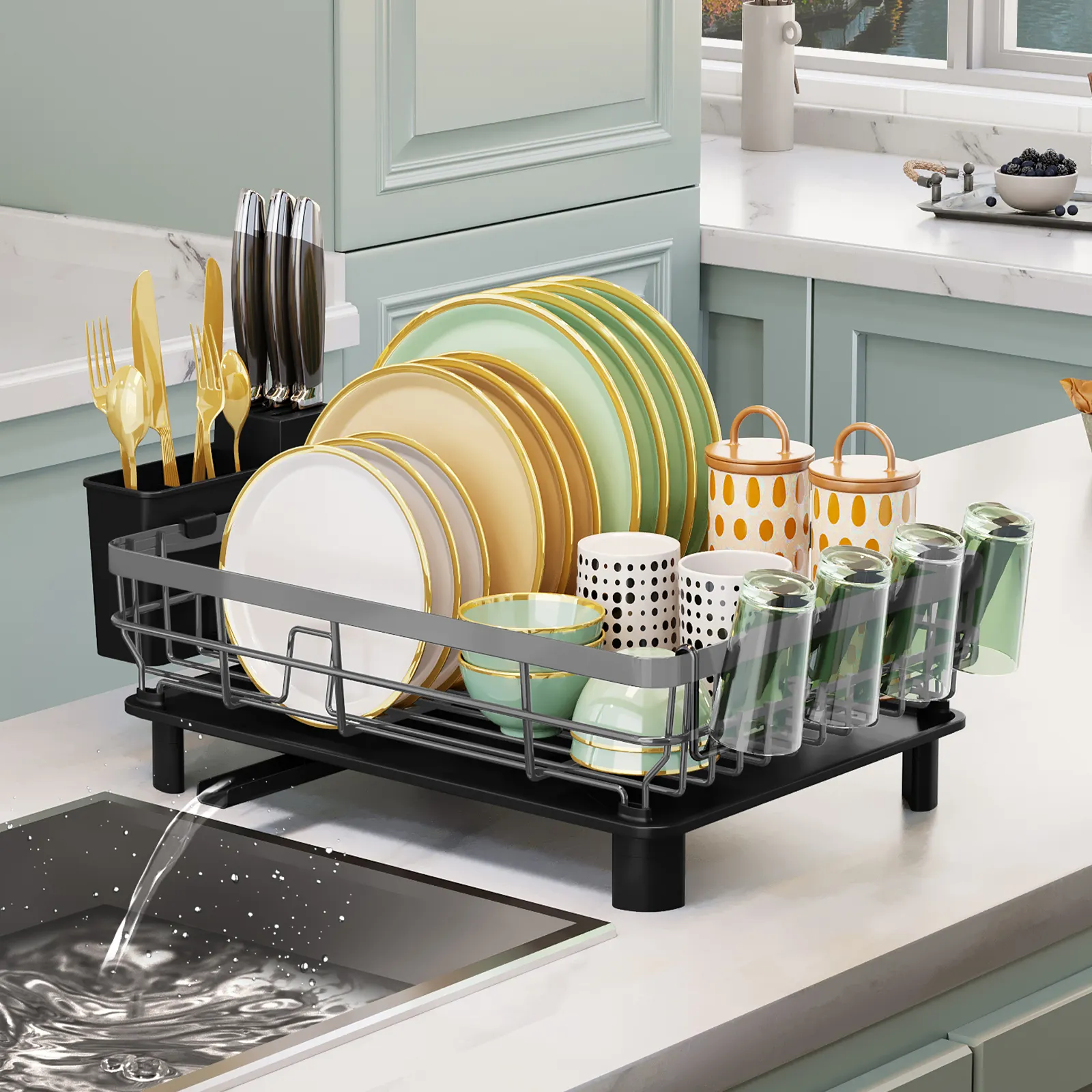 Kitchen Organizer Countertop Plates Bowls Drain Rack Counter Sink Dish Drying Rack with Drainboard