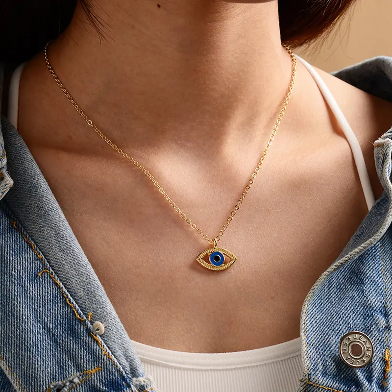 Lady Party Golden Enamel Blue Eye Shaped Oval Necklace Pendant Evil Eye Necklace for women