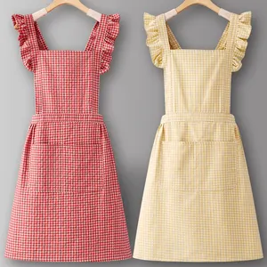 Yüksek kalite özel logo baskılı ucuz tekstil pamuk mutfak üniforma cepli önlük moda kadın pişirme önlük