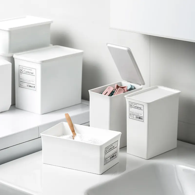 Neuer rechteckiger Kunststoff-Waschpulver-Aufbewahrung behälter Weißes Waschmittel Power Storage Organizer Box mit Deckel Waschpulver behälter
