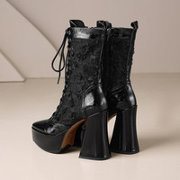Bottines noires à plateforme pour femmes, style gothique, avec patchwork floral 3D en dentelle, bout carré et talon bloc haut