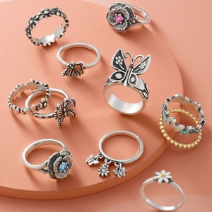 S925 <strong>Sterling</strong> <strong>Silver</strong> James Avery Retro butterfly Flower <strong>Ring</strong> <strong>Set</strong> for Women's Bohemian Style Layered Eye-catching Jewelry - Product Image 1
