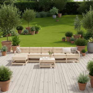 Ensemble de salon de jardin en bois de pin, 6 places, mobilier d'extérieur, design scandinave, structure en bois massif, coussins beiges - Product Image 2