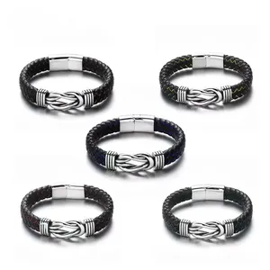 Luxury Men Genuine Leather Silk Braided Bracelets Male Jewelry 316L Stainless Steel Knot Cuff Wristband Women Bangles