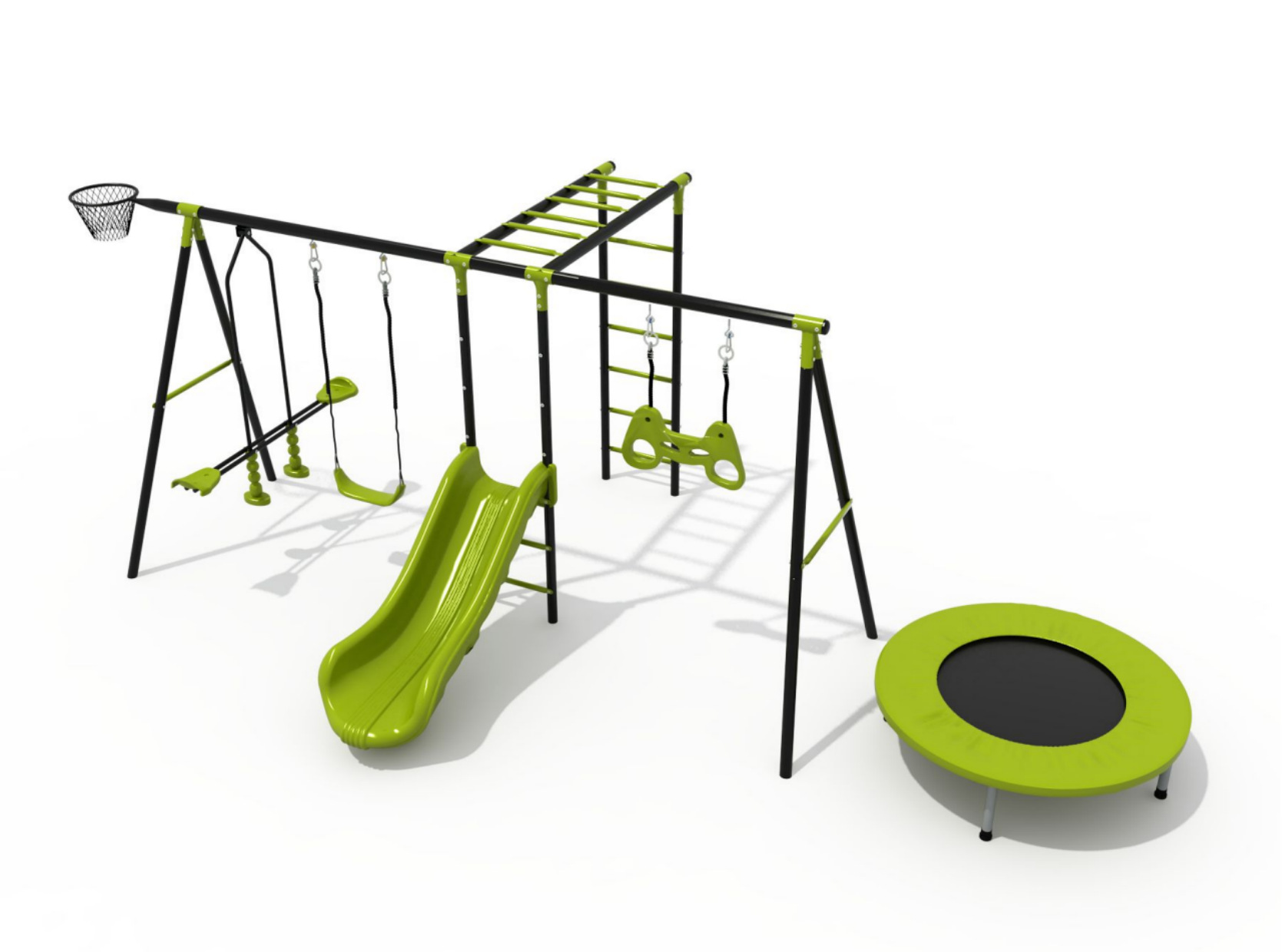 Structure d'escalade verte avec balançoire, toboggan et bascule