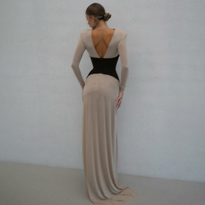 Vestido Elegante Casual para Fiesta, Estilo Europeo Americano, con Bloques de Color, Cuello en V, Abertura Alta y Espalda Descubierta, para Mujer - Product Image 4