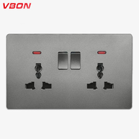 VBQN Universal - Interruptor de pared de 6 pines con panel cepillado de baquelita gris y toma de corriente con interruptor para el hogar