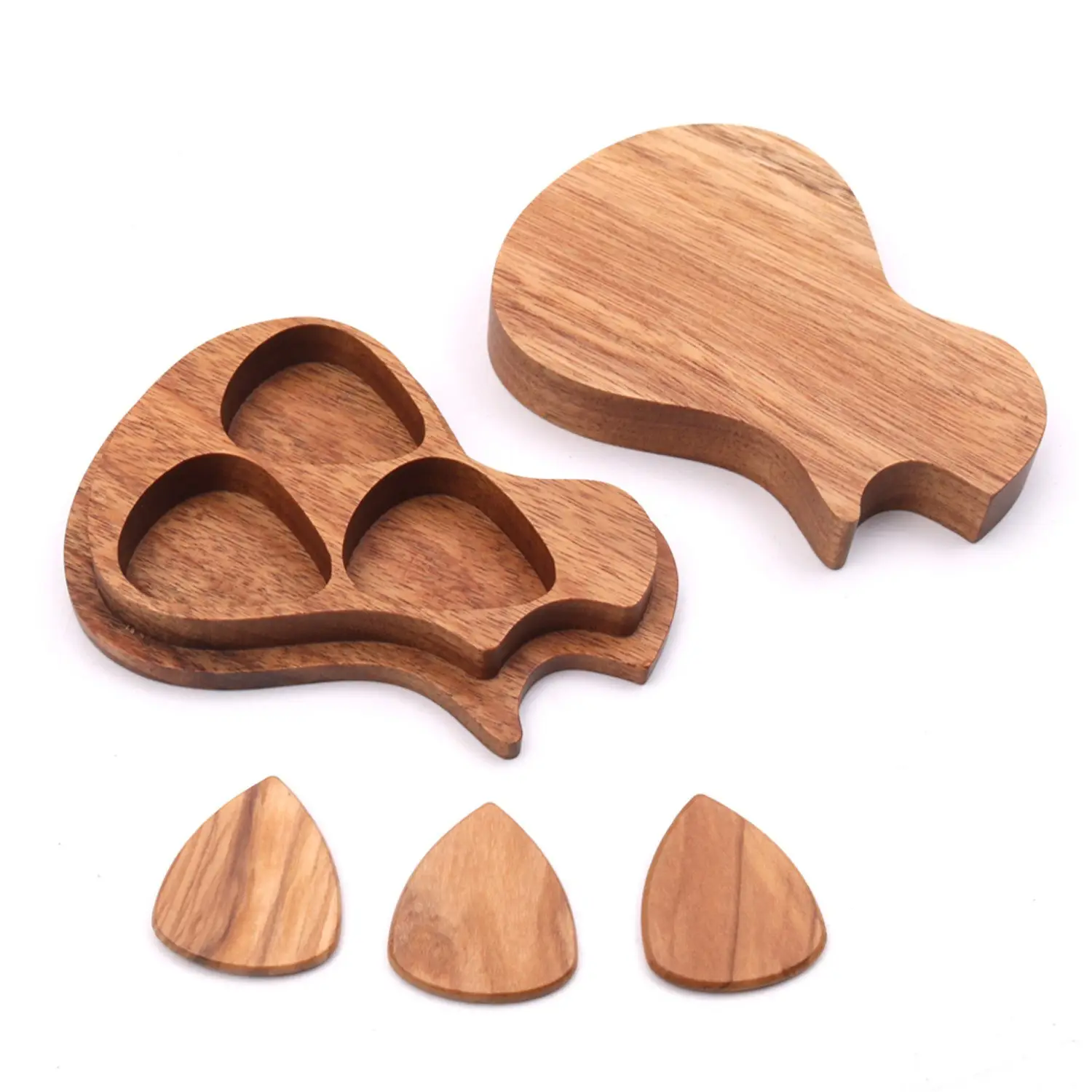 Delicate Houten Gitaar Pick Set Plectrum Opberghouder Doos Met 3 Stuks Gitaar Plectrums Hout Gitaar Accessoires