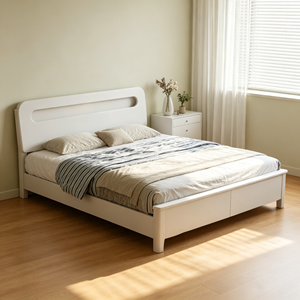 Minimalist White Queen Size Storage Bed <b>Frame</b> with Fabric Upholstery and MDF Panel Design - Product Image 2