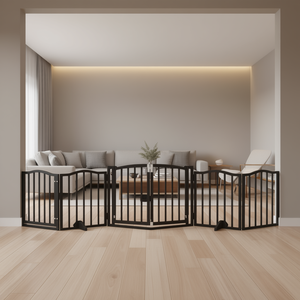 Barrera plegable para perros de 6 paneles, 118.1 pulgadas, en madera de álamo negra, estilo moderno para interiores, cierre de empuje. - Product Image 2