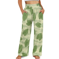 Low Moq Women's High Waist Wide Leg Palazzo Pants in Hawaiian Kalo Leaf Camouflage Print Pallazo Pants Women Floral Pants