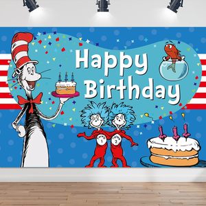Décorations de fête d'anniversaire <span class=keywords><strong>Dr</strong></span> Seu, bannière de <span class=keywords><strong>fond</strong></span> bleue Joyeux Anniversaire, décorations de chat, bannière de <span class=keywords><strong>fond</strong></span>, accessoires de photomaton - Product Image 2