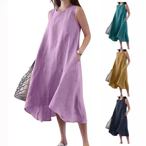 Fashion Midi Long Dresses For Ladies Plus Size Summer Beach Sleeveless Elegant Women Casual Linen Dresses