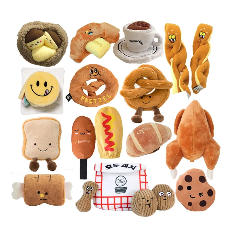 Groothandel Op Maat Luxe Koreaanse Hond Piepend Speelgoed Fancy Gevulde Puppy Accessoires Brood Koffie Croissant Huisdier Pluche Speelgoed