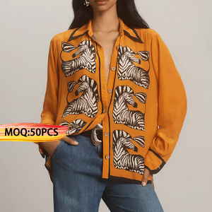 OEM personalizado bajo Moq 50PCS fábrica <span class=keywords><strong>de</strong></span> ropa Turn Down Collar manga larga estampado <span class=keywords><strong>de</strong></span> <span class=keywords><strong>cebra</strong></span> botón abajo camisa <span class=keywords><strong>de</strong></span> mujer blusa Tops - Product Image 1