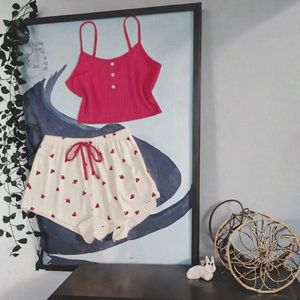 Pijama de encaje para mujer, conjunto de tres piezas dulce y lindo para primavera y verano, transpirable, con pantalones cortos de tirantes altos, sexy para el hogar. - Product Image 2