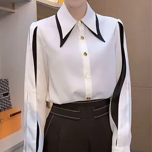 화이트 블랙 스티칭 셔츠 대조 색상 뾰족한 칼라 블라우스 우아한 여성 새로운 슈퍼 요정 연령 감소 캐주얼 셔츠