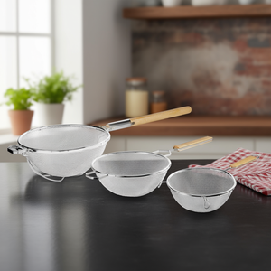 Set di 3 Colini a Doppia Rete in Acciaio Inossidabile con Manico in Legno per Cucina - Product Image 3