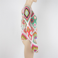 Haut de plage en crochet fait main JR Custom, style vintage, color block, col rond, manches longues, respirant, ajouré, avec cordon de serrage